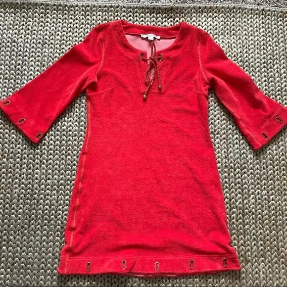 Boston Proper 3/4 Sleeve Red Grommet Terrycloth Tunic Mini Dress Size Small - Picture 12 of 16